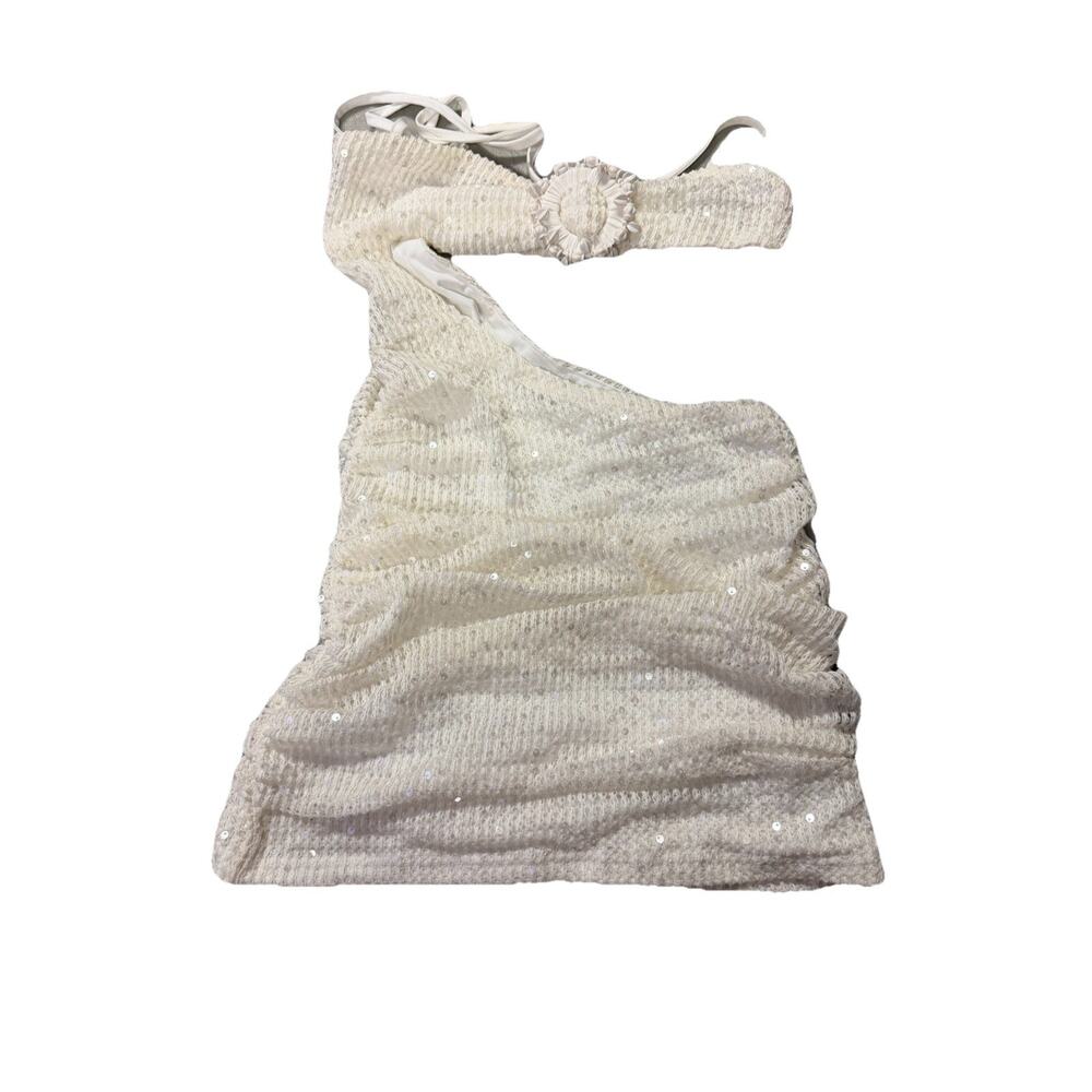 Outcast Mini White White Sequin One Shoulder Mini Dress Shell Brooch - Sz Small - Picture 8 of 9